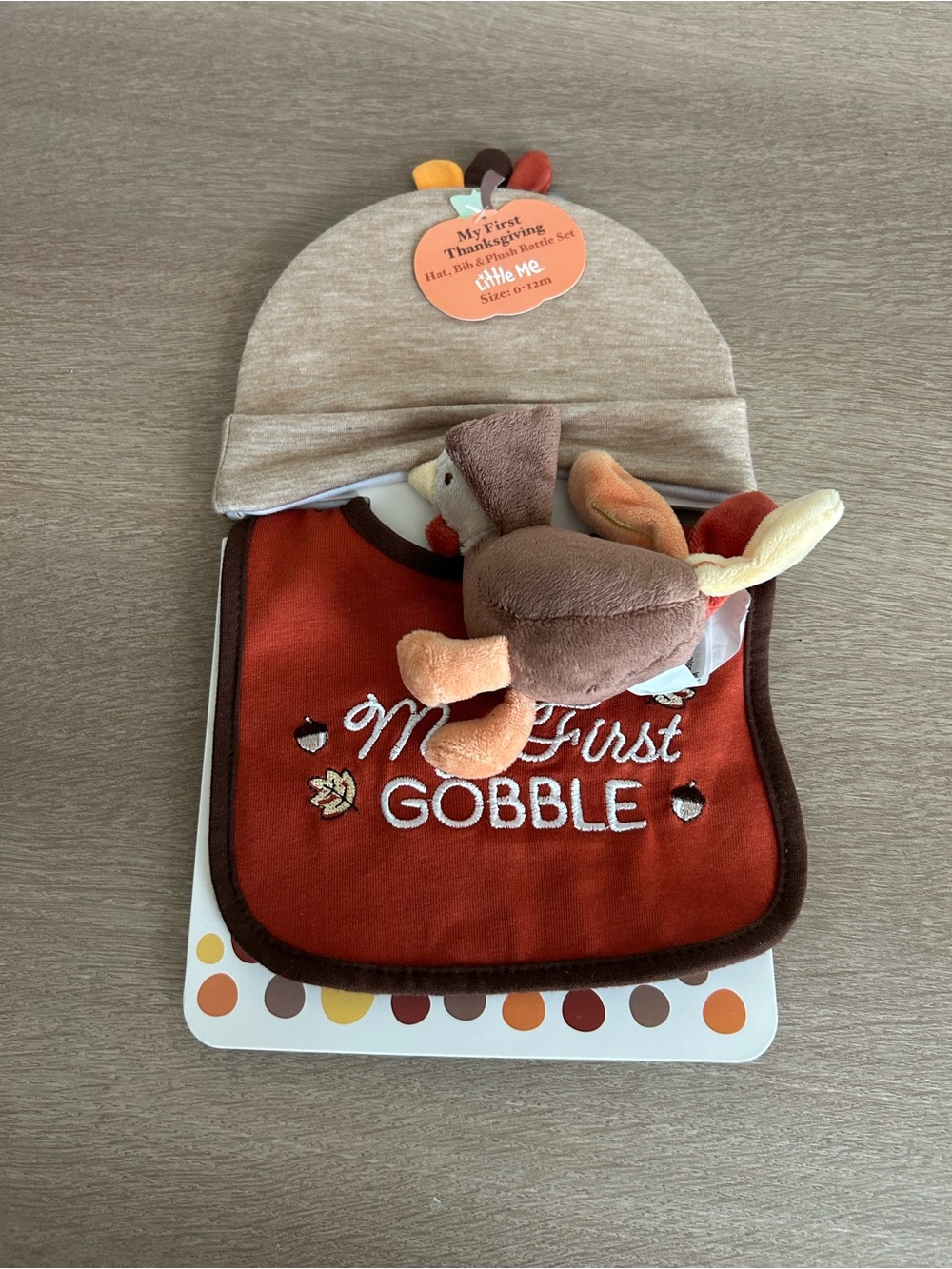 Little Me Rust and Cream "My First Gobble" Bib & Hat Set